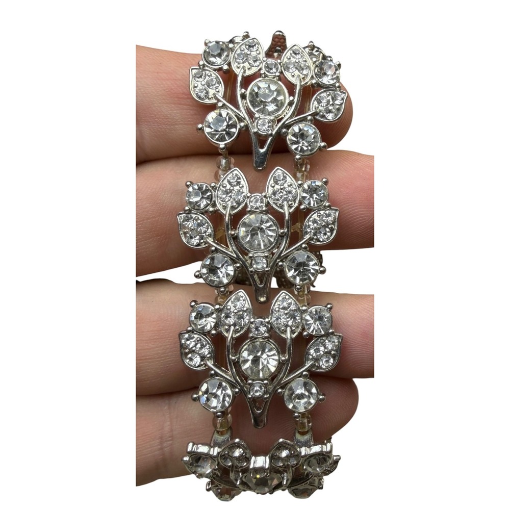 Silver Tone Rhinestone Floral Leaf Stretch Bracelet Vintage Style Statement Cuff